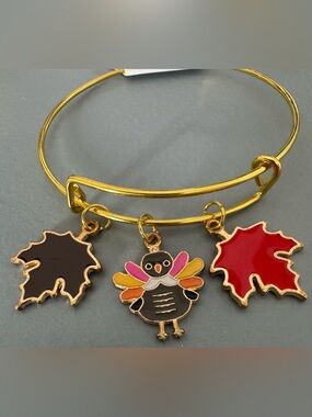 Gold-Tone Fall Turkey & Leaf Charm Bangle Bracelet Thanksgiving